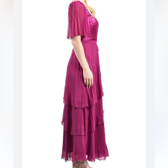 Komarov Women's Pink Flutter Sleeve Tiered Chiffon Maxi Dress small NWT $522 - Picture 8 of 9
